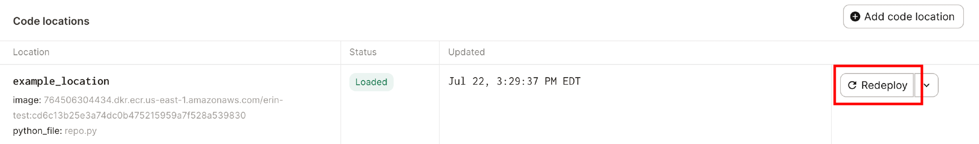 "Highlighted Redeploy option in the dropdown menu next to a code location in Dagster+"